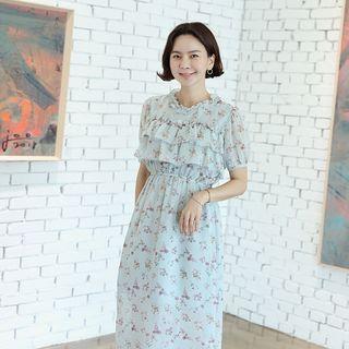 Short-sleeve Frilled Floral Chiffon Dress