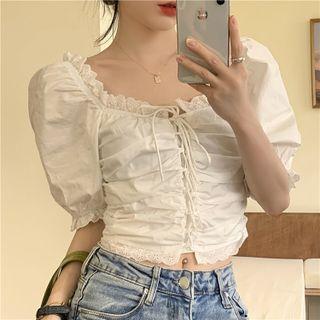 Puff-sleeve Lace-up Frill Trim Crop Top White - One Size