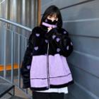 Two Tone Heart Print Zip-up Fleece Jacket Black & Purple - One Size