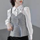Mock Two-piece Houndstooth Panel Blouse