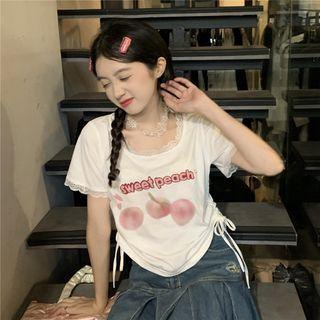 Short-sleeve Lace Trim Peach Print Drawstring T-shirt Peaches - White - One Size