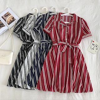 Color-block Striped Lace-up V-neck Long-sleeve Dress
