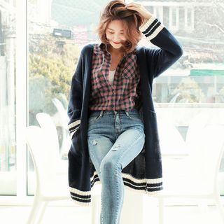 Contrast Trim Open Front Long Cardigan