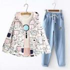 Printed Hooded Jacket / Drawstring Straight-cut Jeans / Set