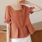 Puff-sleeve Frill Trim Button-up Top