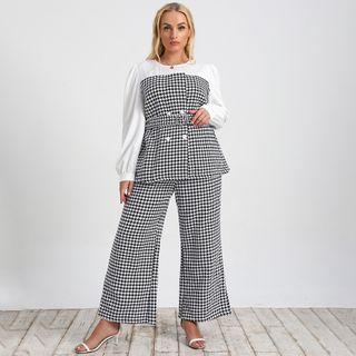 Set: Long-sleeve Plaid Top + Wide-leg Pants