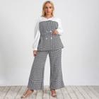 Set: Long-sleeve Plaid Top + Wide-leg Pants