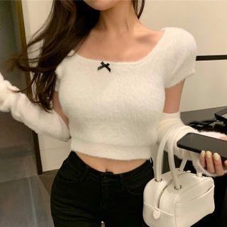 Set: Short-sleeve Knit Top + Arm Sleeves White - One Size