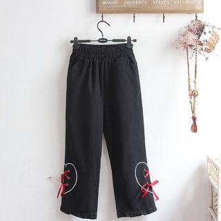 Embroidered Heart Lace-up Cropped Pants
