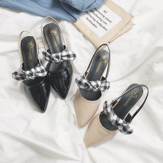 Plaid Ribbon Pointed Low Heel Sandals