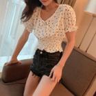Heart Print Puff Short-sleeve Cropped Blouse