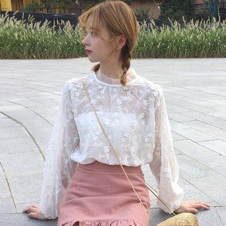 Embroidered Chiffon Blouse / Frill Hem Mini A-line Skirt