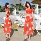 Set: Tree Print Short-sleeve Tankini + Cover Up