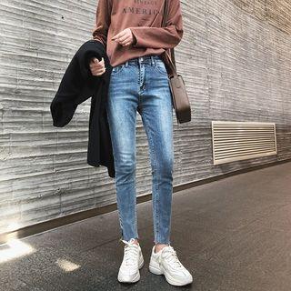 Washed Side Slit Skinny Jeans