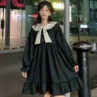 Contrast Trim Long-sleeve Collared Dress As Shown In Figure - One Size