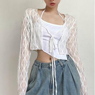Set: Tie-front Lace Jacket + Halter Neck Crop Camisole Top