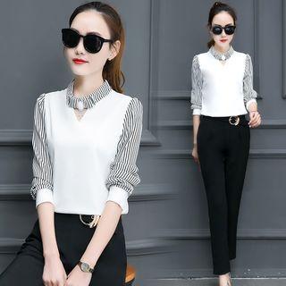 Set: Striped Panel Long Sleeve Top + Plain Pants
