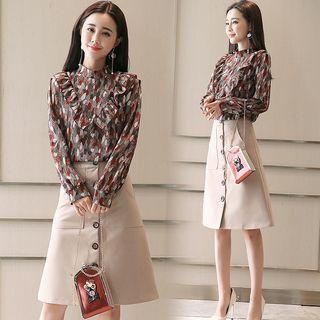 Set: Printed Ruffle Trim Blouse + Button Detail A-line Skirt