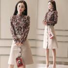 Set: Printed Ruffle Trim Blouse + Button Detail A-line Skirt