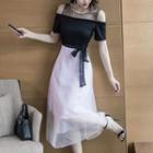 Mock Two Piece Short-sleeve A-line Midi Dress