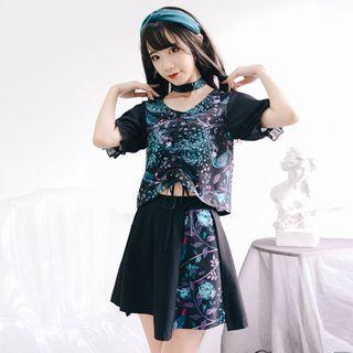 Printed Panel Short-sleeve Drawstring V-neck Cropped Top