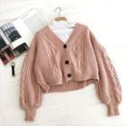 Plain V-neck Single-breasted Long-sleeve Cable-knit Cardigan