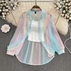 Set: Long Sleeve Gradient Sheer Shirt + Camisole Pink & Blue - One Size