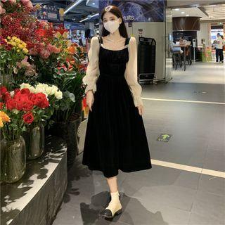 Mock Two-piece Square-neck Mesh Panel Velvet Dress