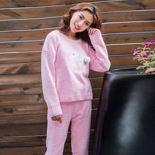 Loungewear Set: Dog Embroidered Pompom Pullover + Pants