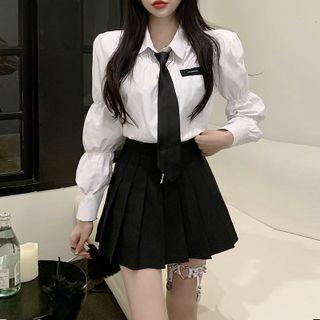 Cropped Blouse / Necktie / Pleated Mini A-line Skirt / Set