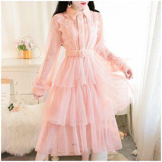 Long-sleeve Lace-panel Fleece Collared Dress