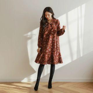 Ruffle-hem Beribboned Floral Dress