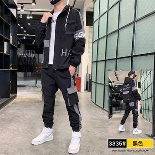 Set: Two-tone Lettering Hooded Jacket + Harem Cargo Pants