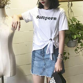 Short Sleeve Tie-waist Lettering T-shirt