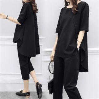 Set: Plain Elbow Sleeve Top + Capri Pants