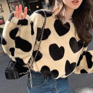 Heart Print Cropped Fleece Sweatshirt