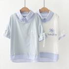 Mock Two-piece Sun Embroidered Short-sleeve T-shirt