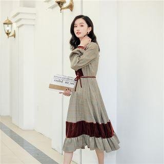 Velvet Panel Plaid Long-sleeve A-line Dress