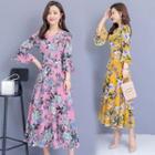 3/4-sleeve Floral Print A-line Chiffon Midi Dress