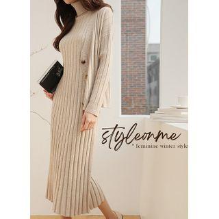 Knit Set: Cardigan + Turtle-neck Long Dress