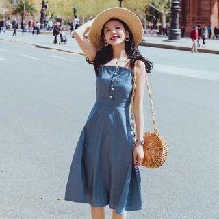 Denim Striped Strappy A-line Dress