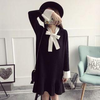 Long-sleeve Tie-neck Knit Dress