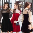 Set: Mock-neck Long-sleeve Top + Spaghetti Strap A-line Dress