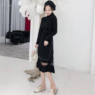 Set: Mock Neck Sweater + Accordion Pleated Midi Velvet Skirt
