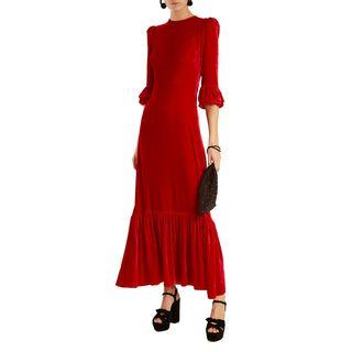 Elbow-sleeve A-line Maxi Velvet Dress