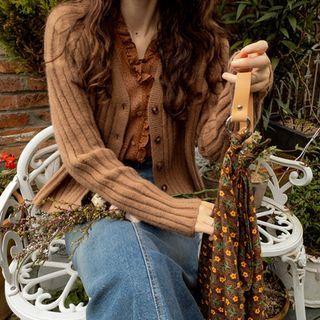 Frill-trim Floral Print Chiffon Blouse Brown - One Size