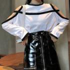 Long-sleeve Cold-shoulder T-shirt / Patent Mini Pencil Skirt