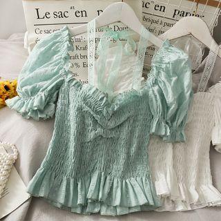 Lace-strap Ruched Smocked Crop Top