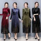 Lace Hem Long Sleeve Velvet Pleated Dress