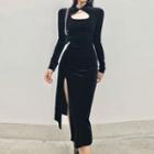 Long Sleeve Cutout Velvet Side-slit Midi Dress